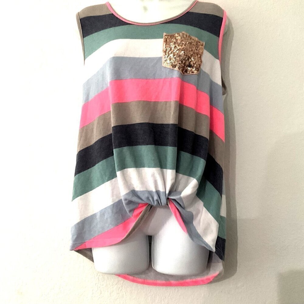 Filly Flair Striped Sequin Pocket Twist Knot Tank Top XL GUC